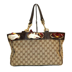 Gucci Brown Handbag Bag GG Leather Beige Scarf Tote Canvas